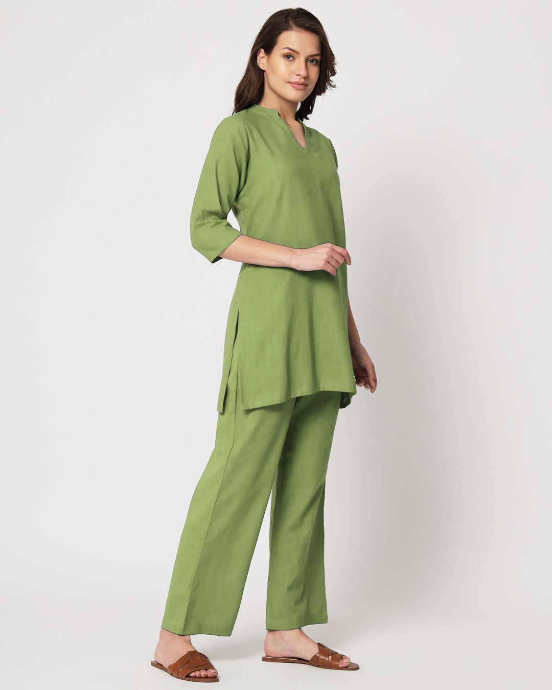 Sage Green Collar Neck Mid Length Solid Kurta (Without Bottoms)