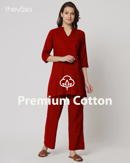 Classic Red Collar Neck Mid Length Solid Co-ord Set