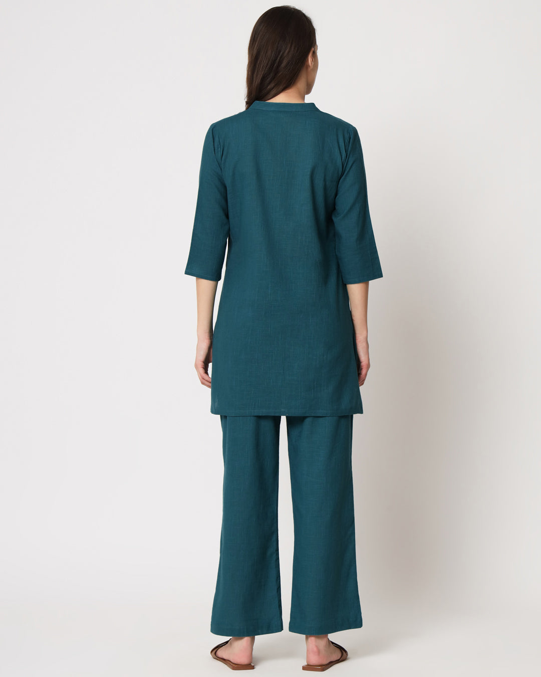 Deep Teal Collar Neck Mid Length Solid Co-ord Set