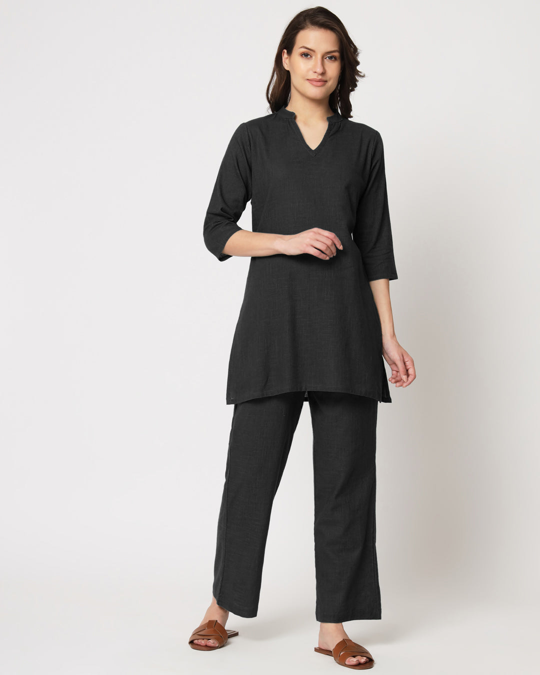 Classic Black Collar Neck Mid Length Solid Kurta (Without Bottoms)
