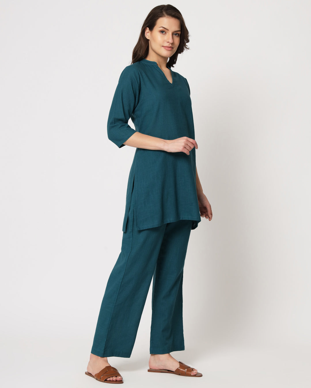 Deep Teal Collar Neck Mid Length Solid Co-ord Set