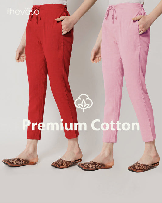 Combo: Classic Red & Pink Mist Cigarette Pants- Set of 2