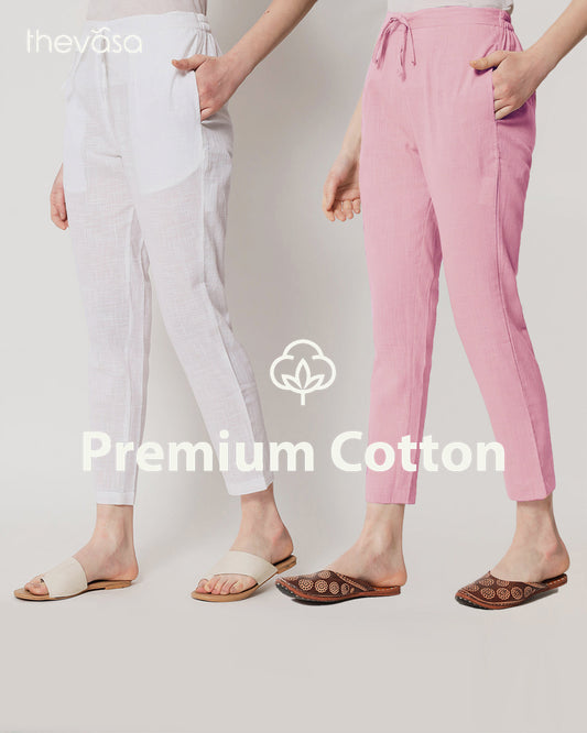 Combo: White & Pink Mist Cigarette Pants- Set of 2