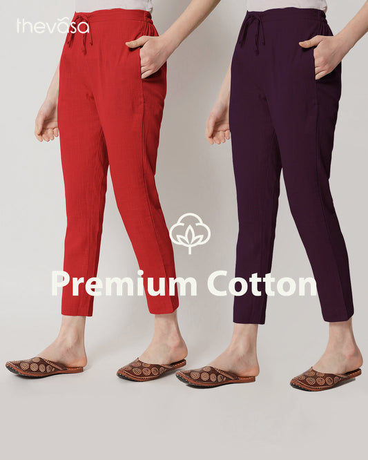 Combo: Classic Red & Plum Passion Cigarette Pants- Set of 2