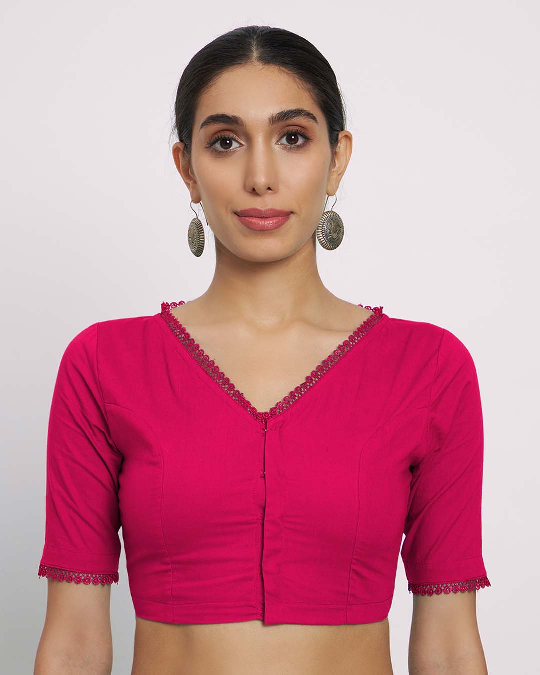 Combo: Russet Red & Queen's Gulabi V Neck Lace Medley Blouse- Set of 2