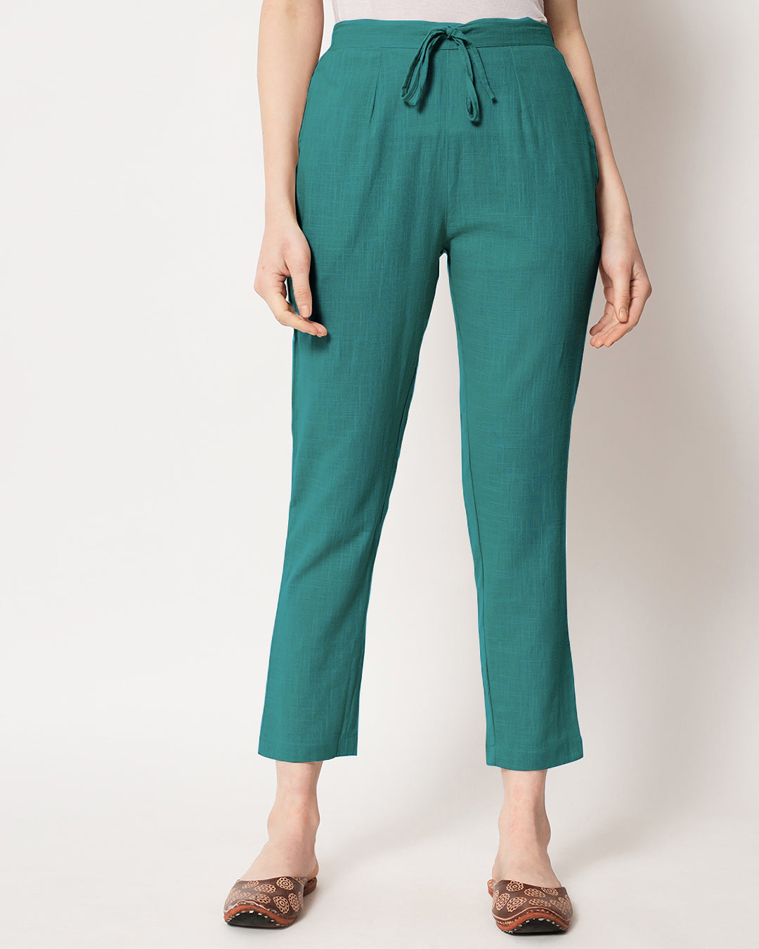 Sage green velvet flat-front essential Cigarette Pants | Sumissura