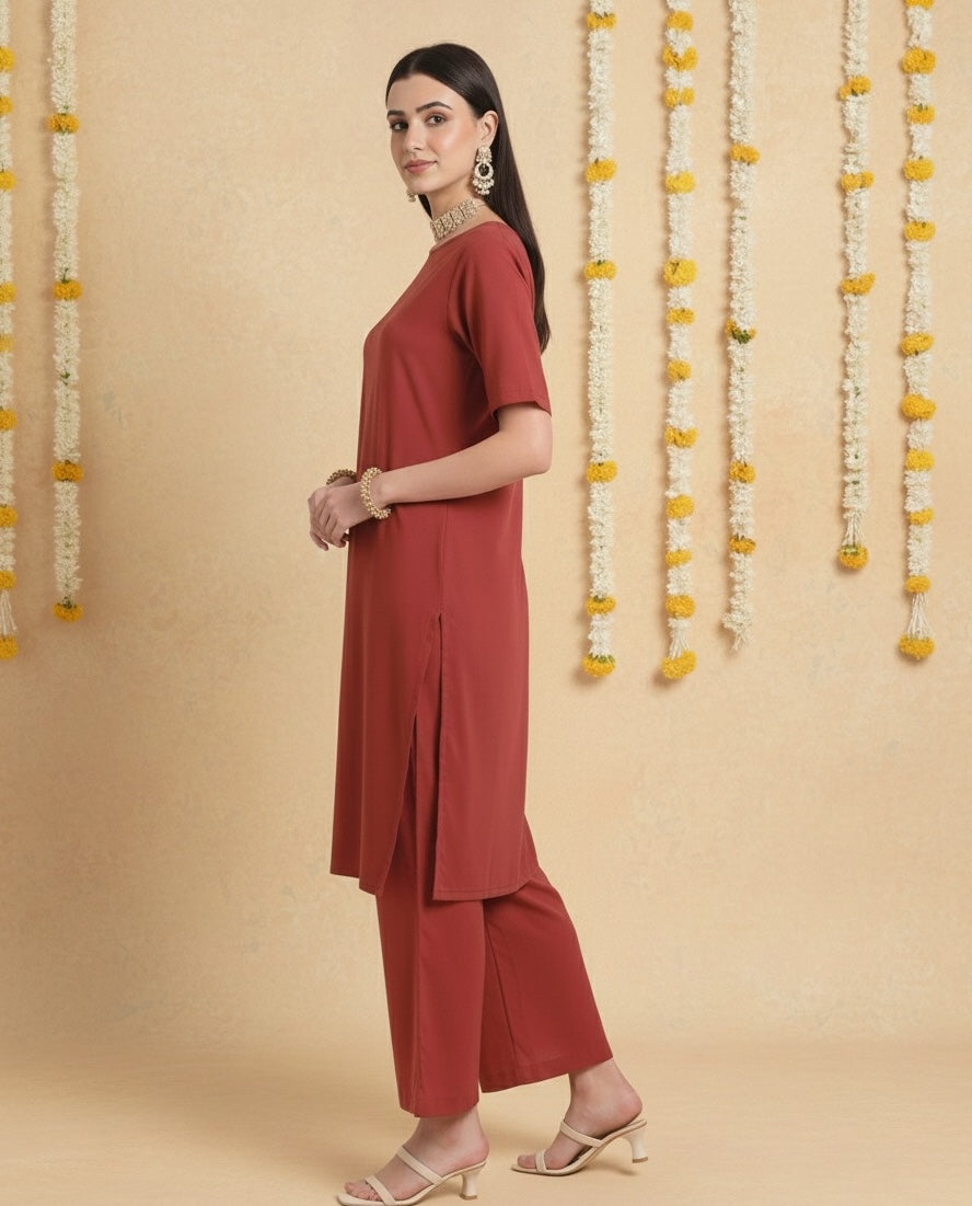 Russet Red Round Neck Long Solid Co-ord Set