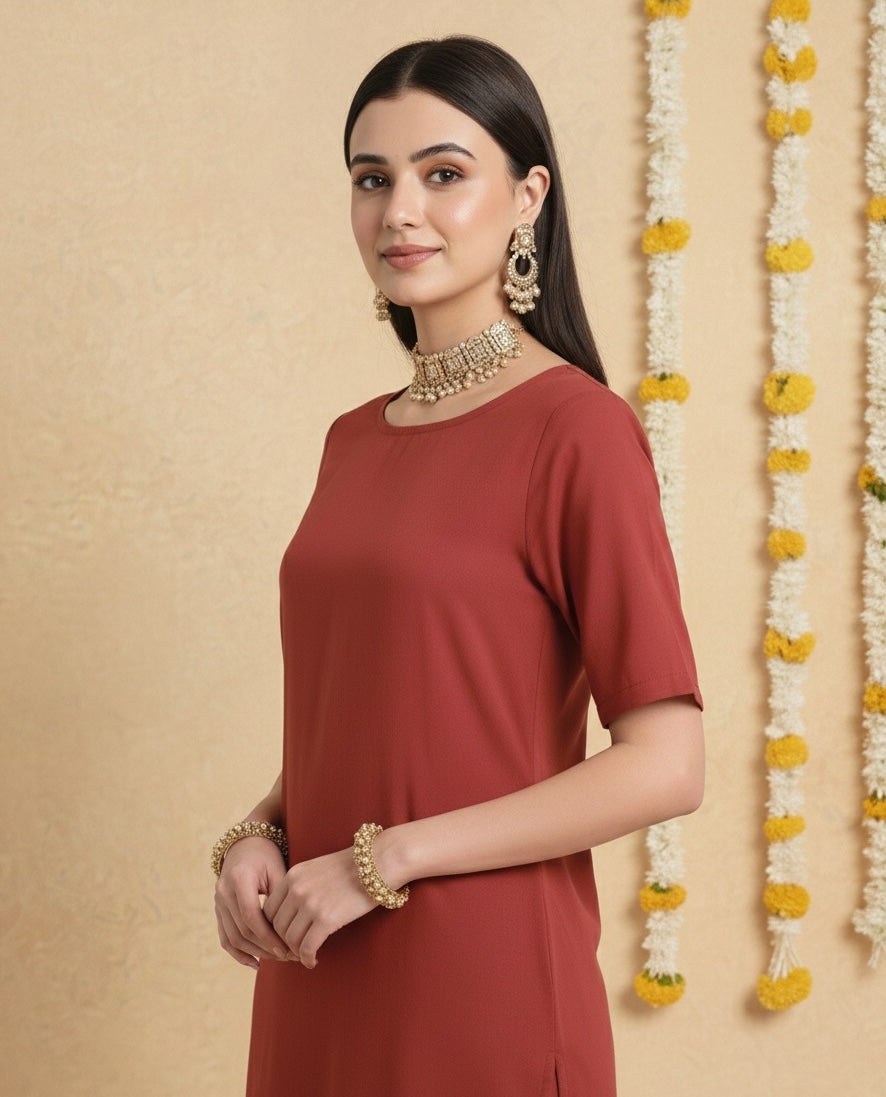Russet Red Round Neck Long Solid Co-ord Set