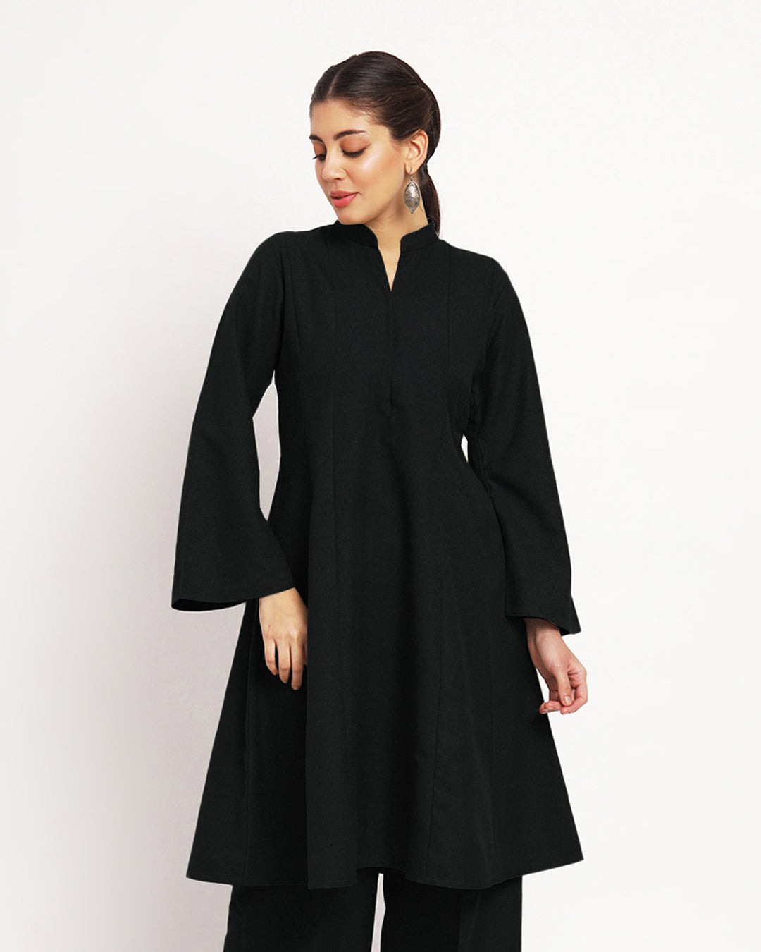 Black Flared Woolen Kurta (Without Bottoms)