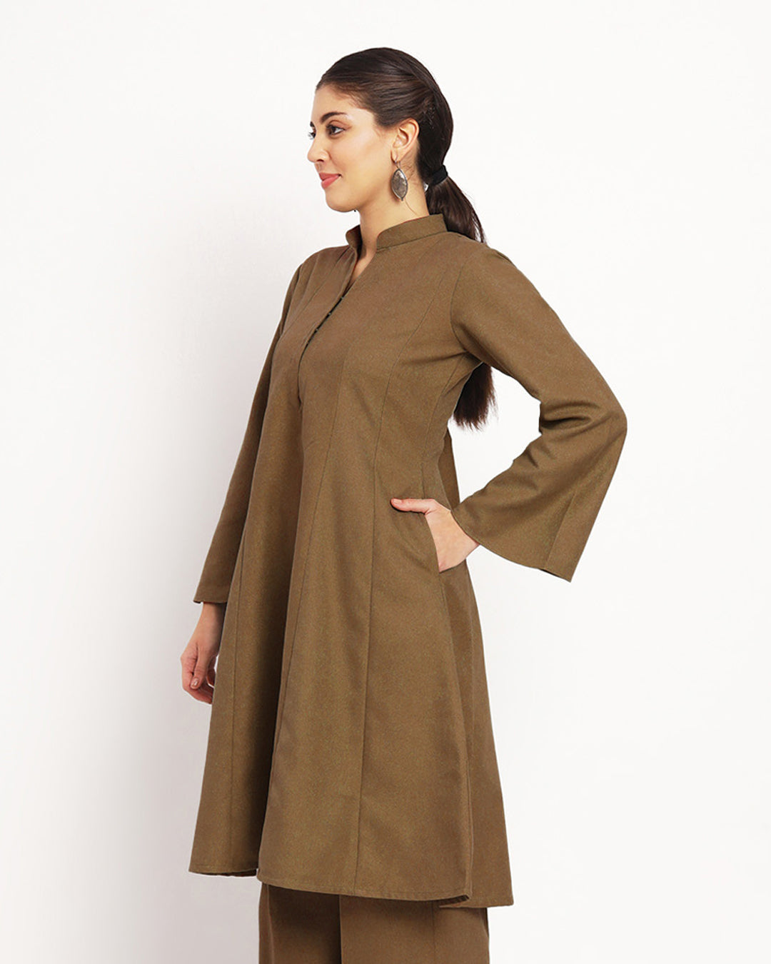 Peanut Brown Flared Woolen Kurta (Without Bottoms)