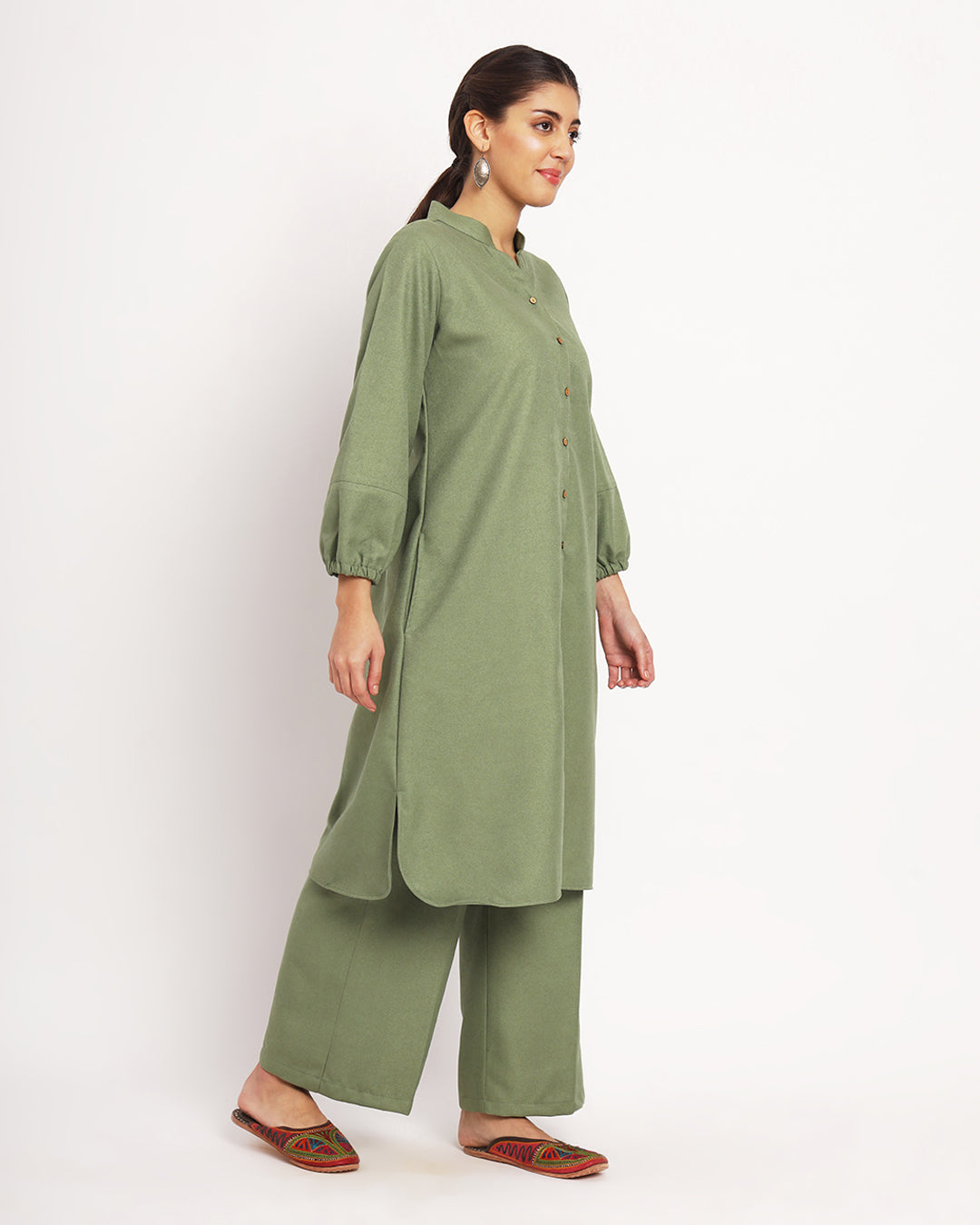 Pistachio Green Modish Elegance Notch Neck Woolen Co-ord Set