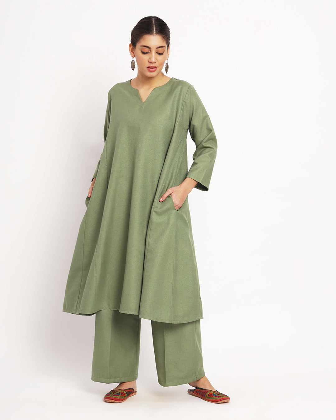 Pistachio Green Vintage Allure Woolen Phiran Co-ord Set