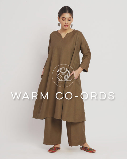 Peanut Brown Vintage Allure Woolen Phiran Co-ord Set