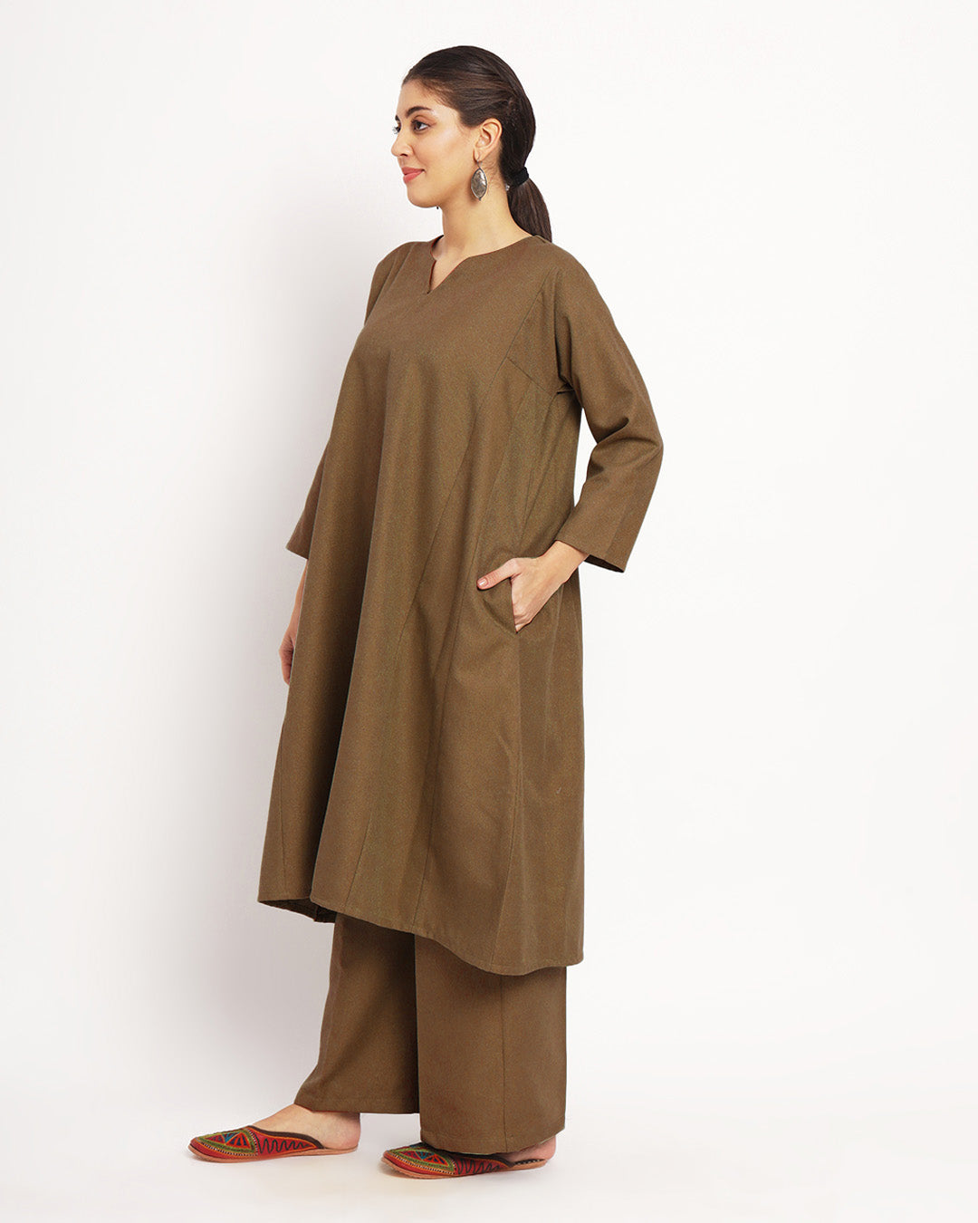 Peanut Brown Vintage Allure Woolen Phiran Co-ord Set