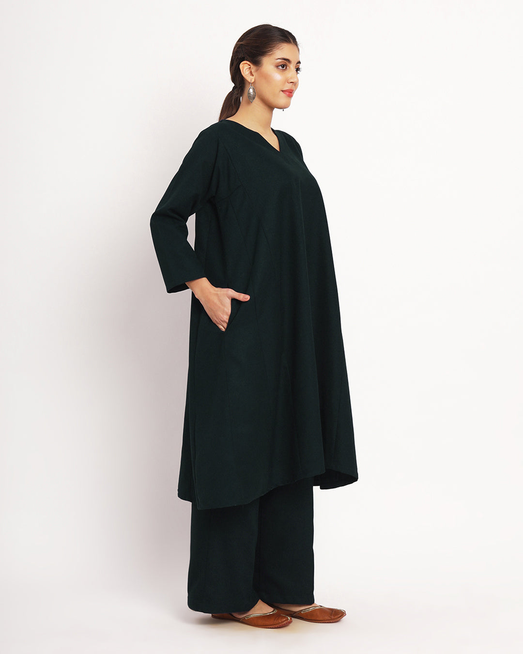 Deep Teal Vintage Allure Woolen Phiran Co-ord Set