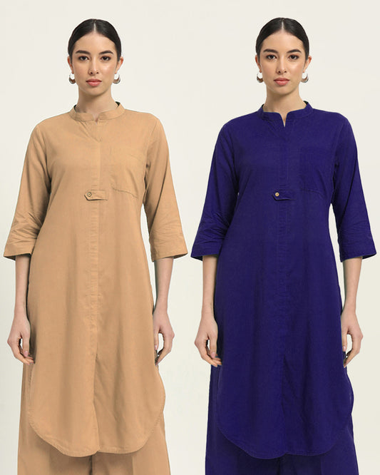 Combo: Beige & Aurora Purple Urban Retreat Band Collar Kurta