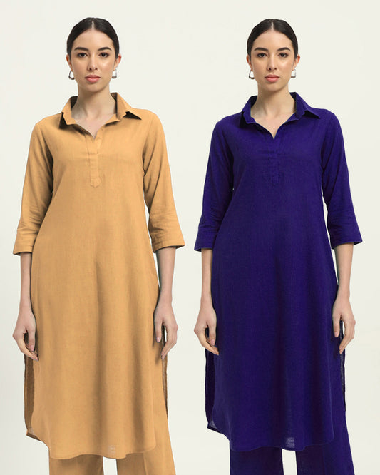 Combo: Beige & Aurora Purple Collar Comfort Solid Kurta