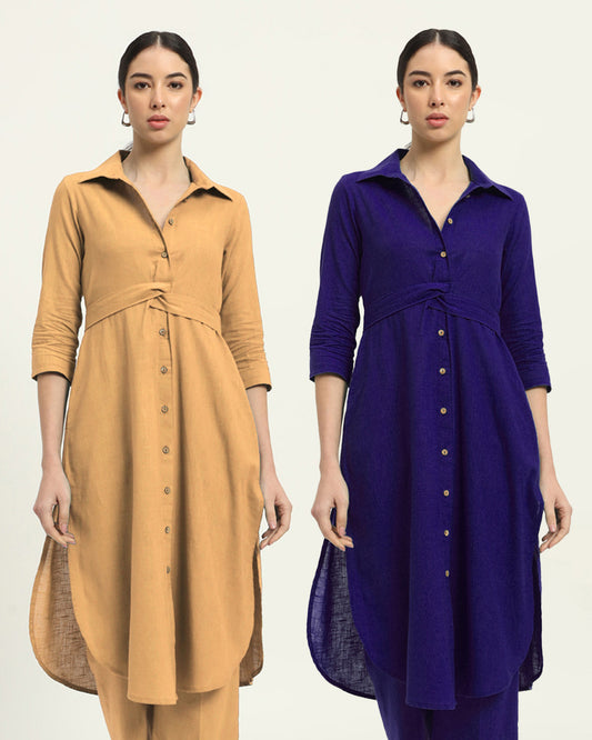 Combo: Beige & Aurora Purple Bellisimo Belted Solid Kurta