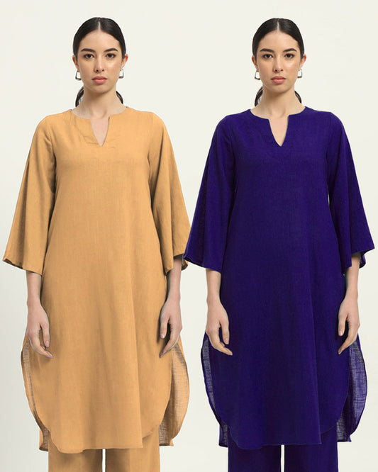 Combo: Beige & Aurora Purple Rounded Reverie Solid Kurta