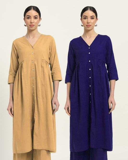 Combo: Beige & Aurora Purple Whimsy Affair Buttoned Solid Kurta