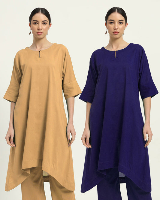 Combo: Beige & Aurora Purple Flare & Flow Boat Neck Solid Kurta