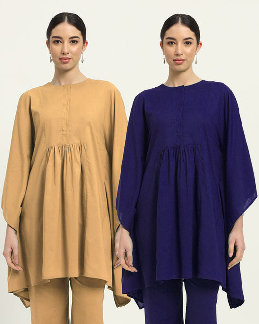 Combo: Beige & Aurora Purple Kaftan Karess Solid Kurta