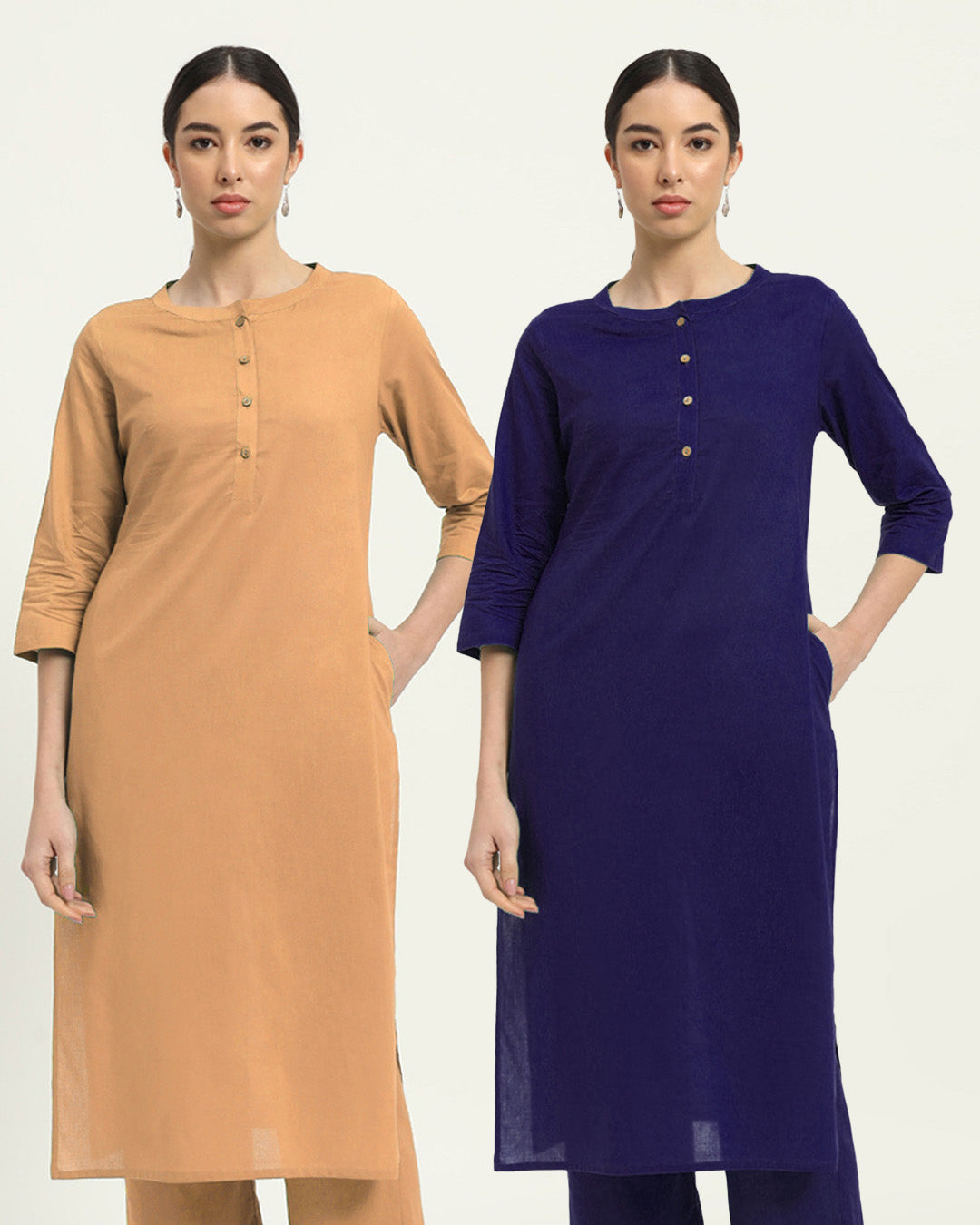 Combo: Beige & Aurora Purple Modern Minimalist Band Collar Solid Kurta