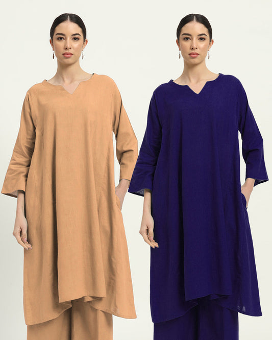 Combo: Beige & Aurora Purple Royal Resonance Kalidar Solid Kurta