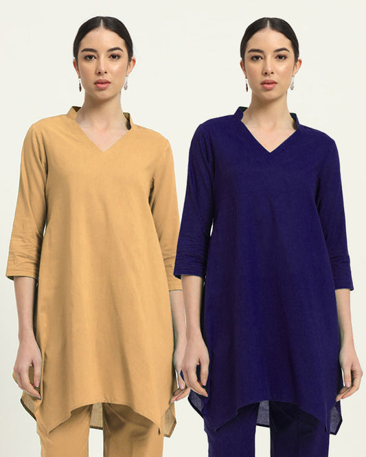 Combo: Beige & Aurora Purple Fresh Fusion Collar V Solid Kurta