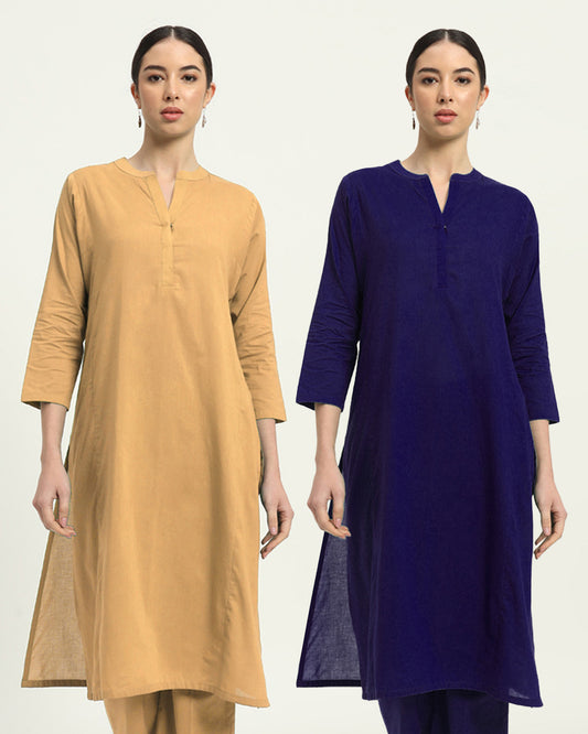 Combo: Beige & Aurora Purple Everyday Bliss Notch Neck Solid Kurta