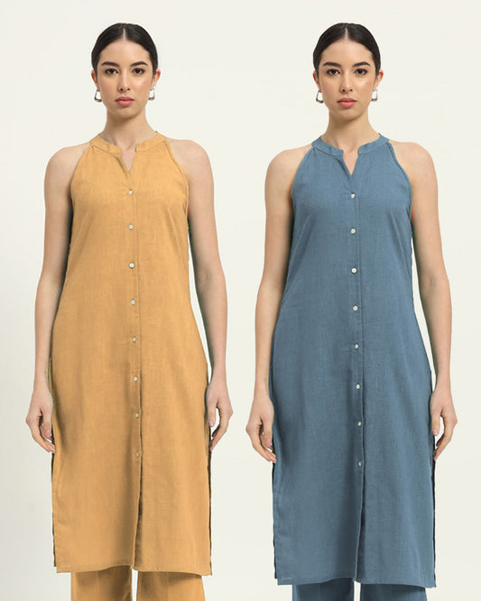 Combo: Beige & Blue Dawn Mermaid Button Down Solid Kurta