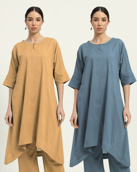 Combo: Beige & Blue Dawn Flare & Flow Boat Neck Solid Kurta