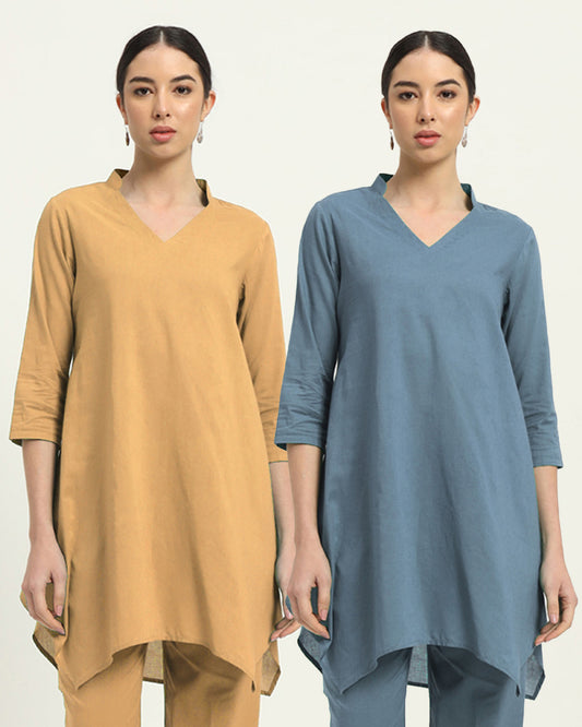 Combo: Beige & Blue Dawn Fresh Fusion Collar V Solid Kurta