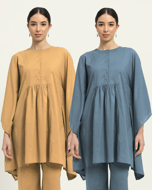 Combo: Beige & Blue Dawn Kaftan Karess Solid Kurta