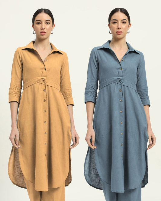 Combo: Beige & Blue Dawn Bellisimo Belted Solid Kurta