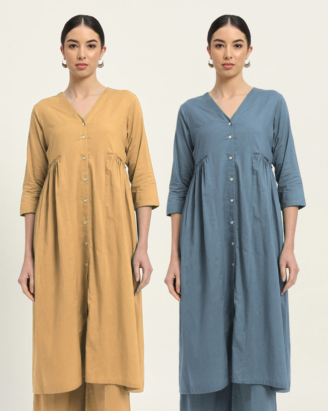 Combo: Beige & Blue Dawn Whimsy Affair Buttoned Solid Kurta