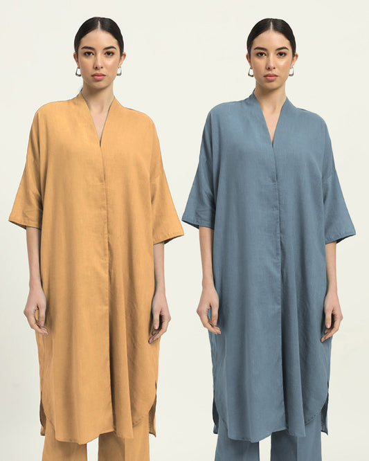 Combo: Beige & Blue Dawn Serene Sojourn V Neck Solid Kurta