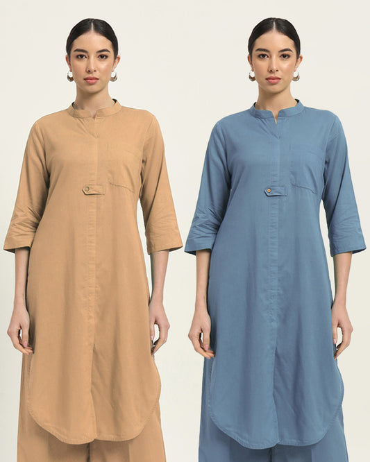 Combo: Beige & Blue Dawn Urban Retreat Band Collar Kurta