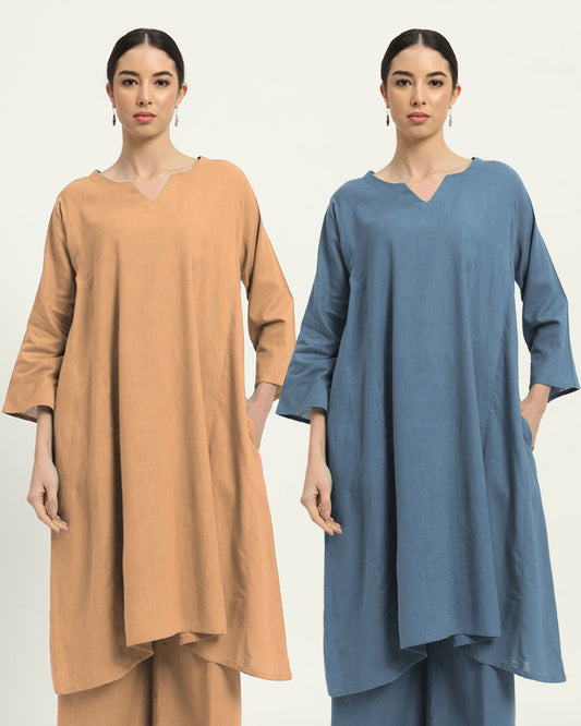 Combo: Beige & Blue Dawn Royal Resonance Kalidar Solid Kurta