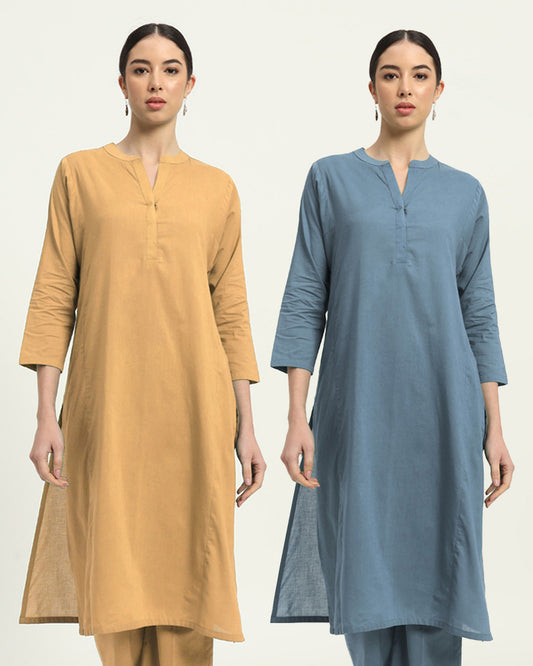 Combo: Beige & Blue Dawn Everyday Bliss Notch Neck Solid Kurta