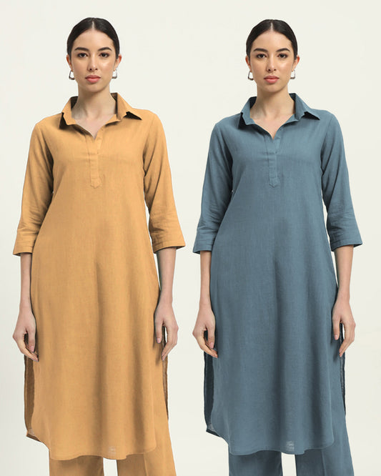 Combo: Beige & Blue Dawn Collar Comfort Solid Kurta