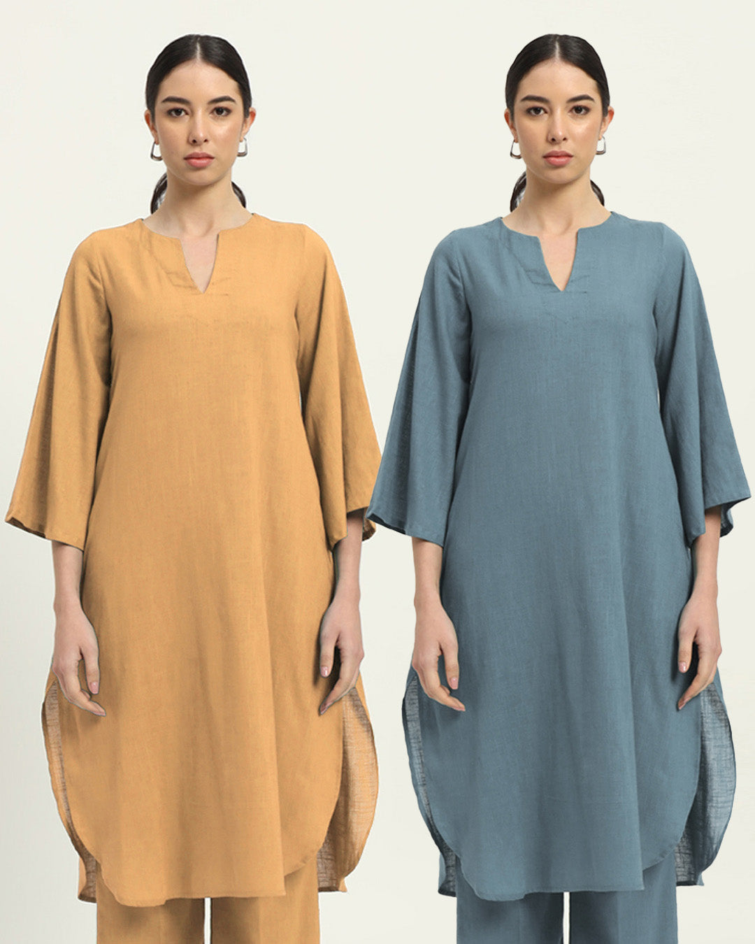Combo: Beige & Blue Dawn Rounded Reverie Solid Kurta