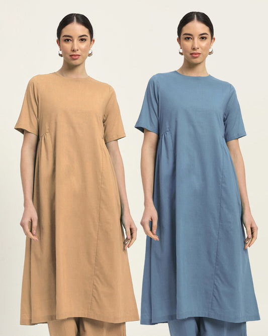 Combo: Beige & Blue Dawn Flare Elegance Kurta