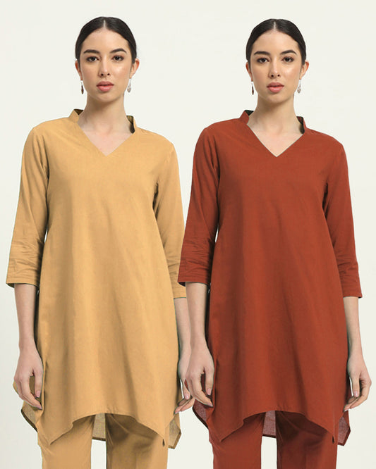 Combo: Beige & Blush Fresh Fusion Collar V Solid Kurta