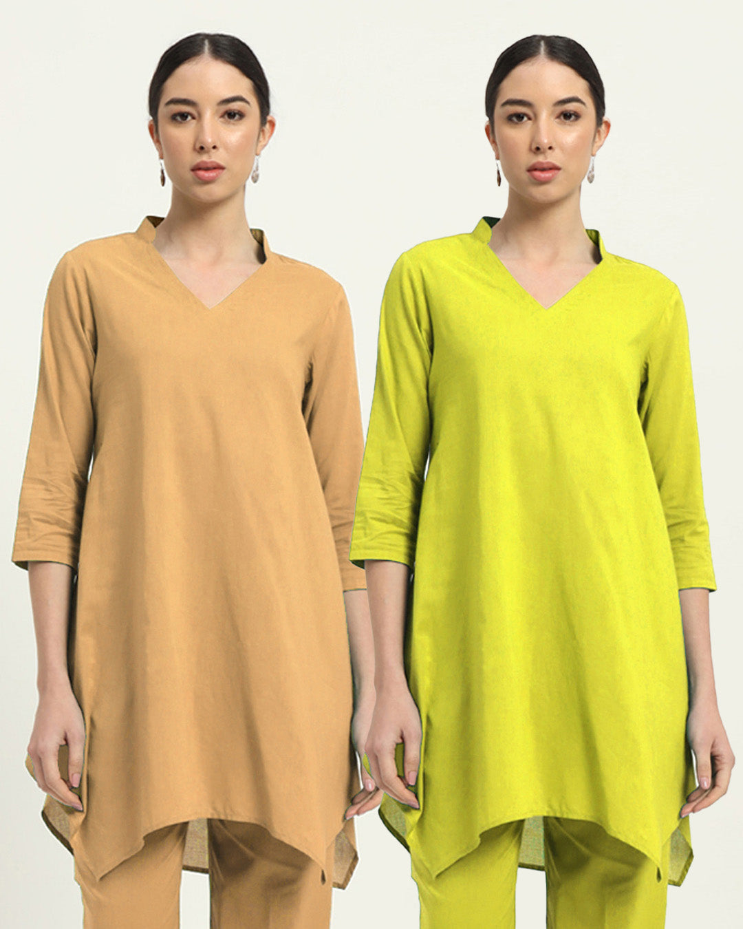 Combo: Beige & Burst of Lime Fresh Fusion Collar V Solid Kurta