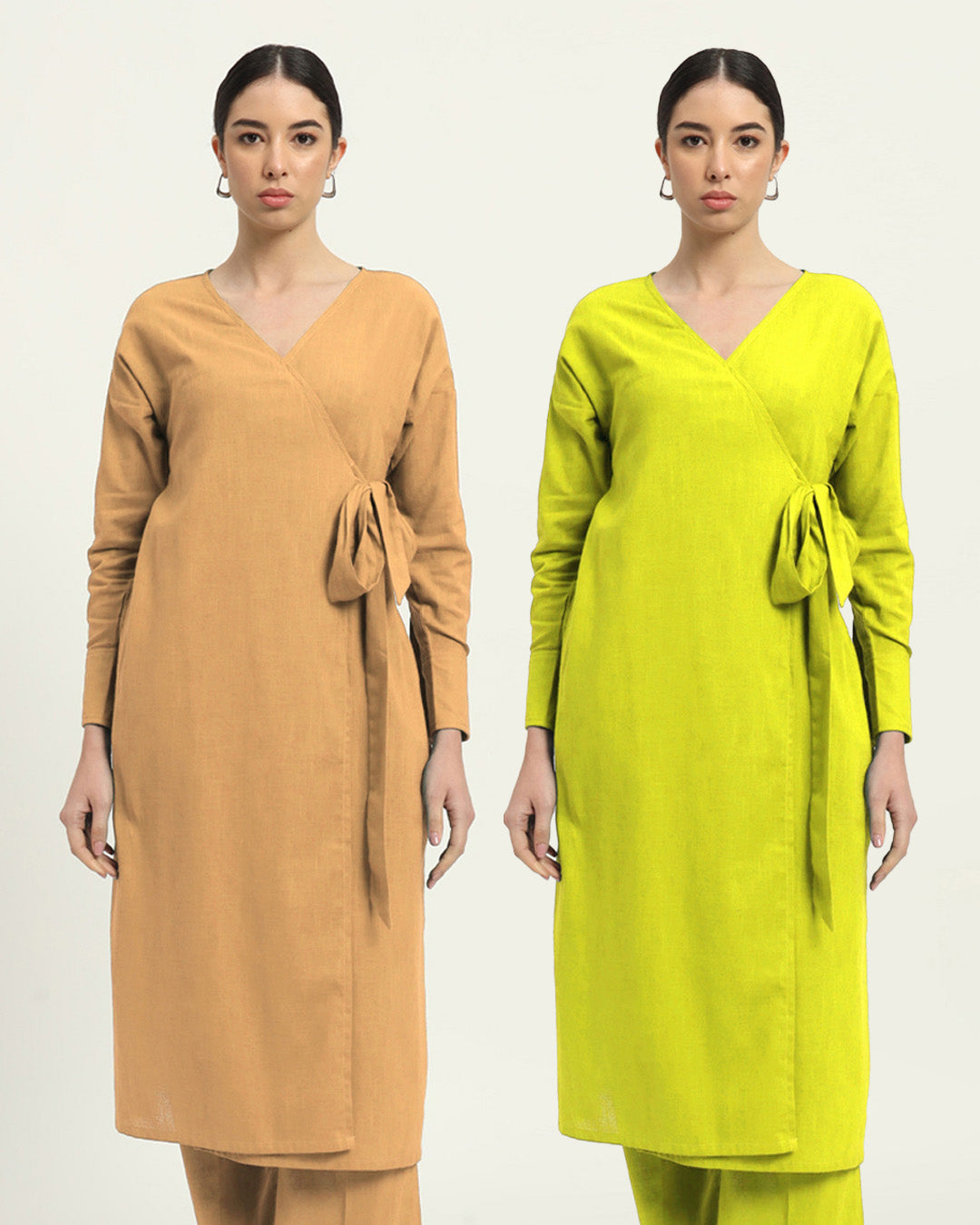 Combo: Beige & Burst Of Lime Boho Harmony Flared Solid Kurta