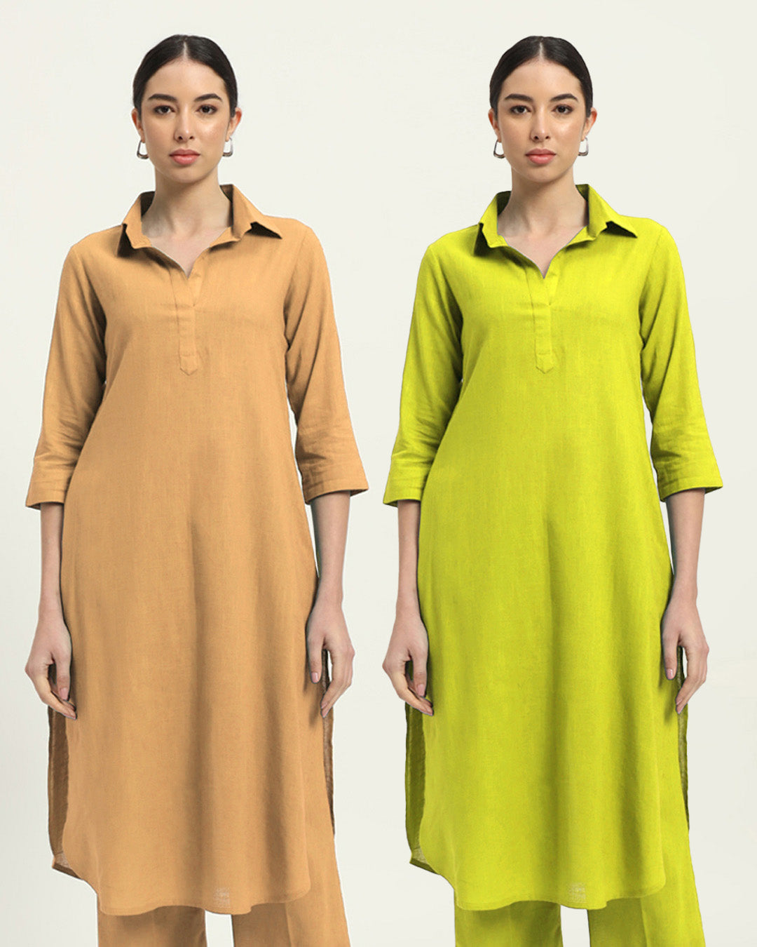 Combo: Beige & Burst of Lime Collar Comfort Solid Kurta