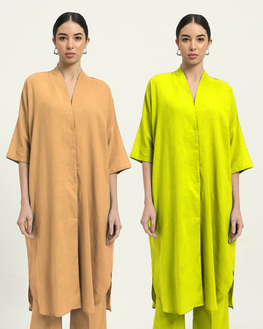 Combo: Beige & Burst Of Lime Serene Sojourn V Neck Solid Kurta