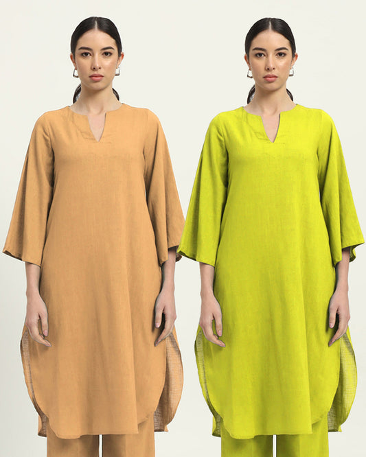 Combo: Beige & Burst Of Lime Rounded Reverie Solid Kurta