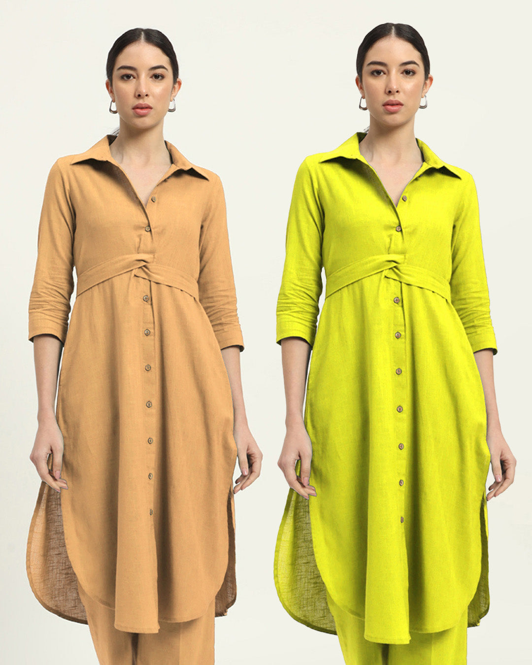 Combo: Beige & Burst Of Lime Bellisimo Belted Solid Kurta